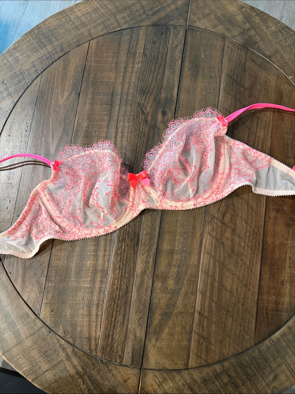 Victoria's Secret Sheer White Lace Underwire Bra with Neon Pink Trim